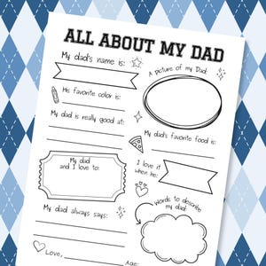 Pode incluir: Um questionário imprimível branco intitulado ALL ABOUT MY DAD com texto preto e ícones de arte linear, incluindo um giz de cera, uma fatia de pizza e corações. A folha apresenta espaços em branco para escrever detalhes sobre um pai, nome, cor e atividades.