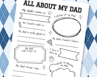 All About My Dad Printable Questionnaire, Father’s Day Interview Sheet, Kids Fill In Dad Keepsake, Black and White Coloring Page, Dad Gift