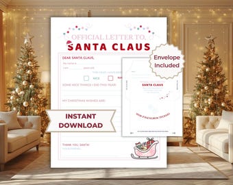 Brief an Santa mit Umschlag | Druckbare Vorlage | Kinder Weihnachtswunschliste | Pastell Weihnachts-PDF