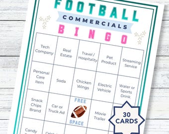 Football Commercials Bingo Printable | 30 Unique Cards | Football Watch Party Game | Instant Download