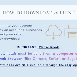 K&ouml;nnte beinhalten: Hellblaue Grafik mit Anweisungen zum Herunterladen und Drucken. Der Text enth&auml;lt Schritte zum Anmelden, Klicken auf K&auml;ufe, Ausw&auml;hlen einer Bestellung und Klicken auf Herunterladen. Es wird auch angegeben, dass Downloads von einem Computer oder Webbrowser aus erfolgen m&uuml;ssen.