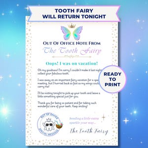 Tooth Fairy Apology Letter | Tooth Fairy Forgot Note | Missed Visit Letter | Out of Office Vacation Memo | 5x7 Printable