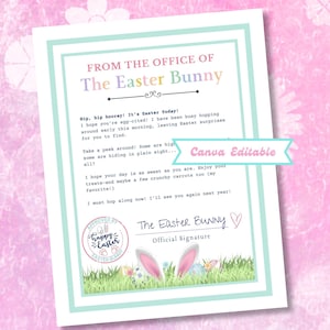 May include: A white letter from The Easter Bunny with a light blue border, featuring text and illustrations. The letter includes the text "Canva Editable" and a signature. The background is a pink floral pattern.
