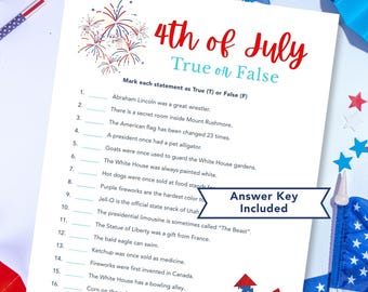 4th of July True or False Game Printable | Patriotic Trivia Activity for Kids & Adults | Independence Day Party Game | Family BBQ Activity