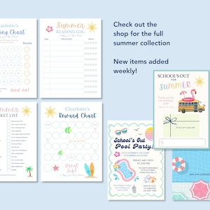 K&ouml;nnte beinhalten: Eine Sammlung von druckbaren Schreibwaren zum Thema Sommer. Enth&auml;lt Leselisten, Belohnungstabellen, eine Bucket List, eine Poolparty-Einladung und eine Geschenkkarte. Die Designs zeigen Palmen, Sonnen und Surfbretter mit Text wie "School's Out for Summer".