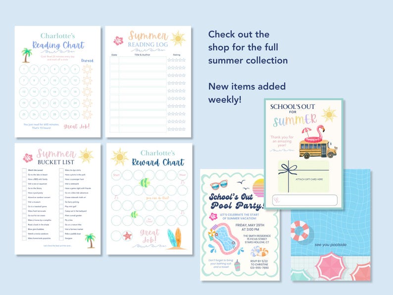 K&ouml;nnte beinhalten: Eine Sammlung von druckbaren Schreibwaren zum Thema Sommer. Enth&auml;lt Leselisten, Belohnungstabellen, eine Bucket List, eine Poolparty-Einladung und eine Geschenkkarte. Die Designs zeigen Palmen, Sonnen und Surfbretter mit Text wie "School's Out for Summer".