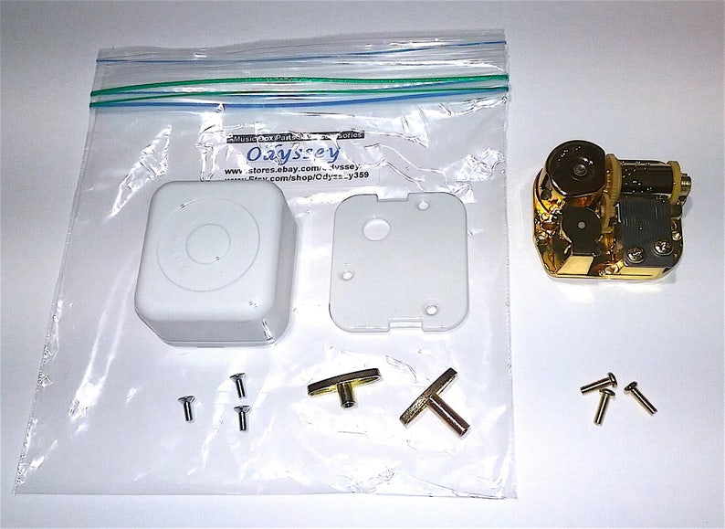 May include: A white music box kit with a gold-colored music mechanism, two white plastic pieces, two gold-colored T-shaped winders, and six gold-colored screws. The kit is packaged in a clear plastic bag with the text "Oaysrey" printed on it.
