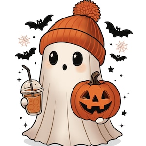 May include: A cartoon ghost wearing an orange beanie, holding a pumpkin and a drink. Black bats, spiderwebs, and stars surround the ghost, creating a Halloween theme. The ghost has rosy cheeks and a friendly expression.