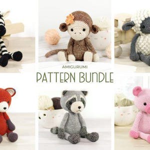 May include: A collection of handmade amigurumi animal patterns, including a zebra, monkey, sheep, fox, raccoon, and pig. Each crocheted animal is in a sitting position, with detailed features and varying colors. The text "PATTERN BUNDLE" is displayed.
