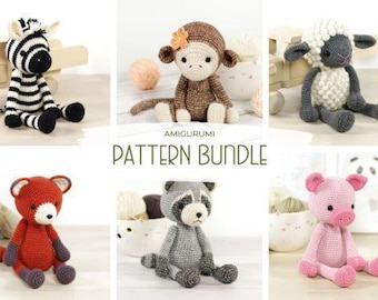 May include: A collection of handmade amigurumi animal patterns, including a zebra, monkey, sheep, fox, raccoon, and pig. Each crocheted animal is in a sitting position, with detailed features and varying colors. The text "PATTERN BUNDLE" is displayed.