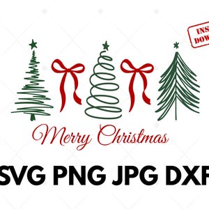 May include: A festive Christmas design featuring green Christmas trees, red bows, and the words "Merry Christmas" in a script font. The image also includes the text "SVG PNG JPG DXF" and a red "Instant Download" stamp.