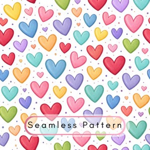 Puede incluir: Un patrón sin costuras con corazones multicolores en tonos de rojo, rosa, amarillo, naranja, verde, azul y morado sobre un fondo blanco. El texto "Seamless Pattern" se muestra en la parte inferior.