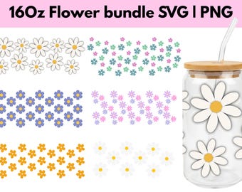 Daisy Libbey Glass Can Wrap SVG, PNG, Floral 16oz (Digital Download)