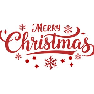 Puede incluir: Un diseño rojo de "Feliz Navidad" con copos de nieve, estrellas y puntos decorativos sobre un fondo blanco. El texto en cursiva es perfecto para tarjetas navideñas, decoraciones o manualidades festivas.
