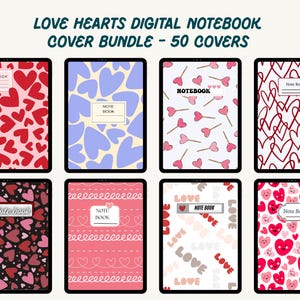 Puede incluir: Paquete de portadas de cuadernos digitales con 50 diseños de corazones. Las portadas muestran varios patrones, incluyendo corazones rojos sobre rosa, corazones azules, flechas de corazón y contornos de corazón. Cada portada tiene la palabra "NOTEBOOK".