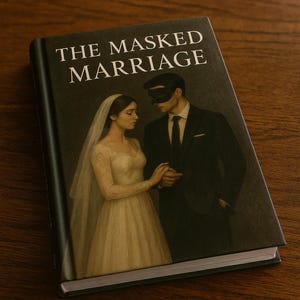 Puede incluir: Un libro titulado "THE MASKED MARRIAGE" sobre una superficie de madera. La portada presenta una pareja, el hombre con una máscara, la mujer con un vestido de novia. El lomo del libro es negro y la portada es una pintura.