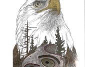 Bald Eagle and Headdress Hand Tinted with watercolors signed print