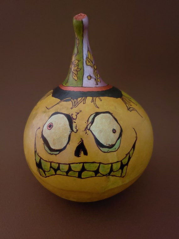 Hand Painted Kettle Gourd Pumpkin Head With Creepy Eyes And Etsy
