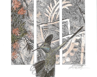 Blue-Throated Hummingbird and Petroglyph hand tinted with watercolors signed print
