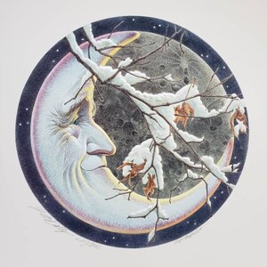 May include: A crescent moon with a human face smiles as a snow-covered branch with brown leaves reaches towards it. The moon is set against a dark blue background with white stars.