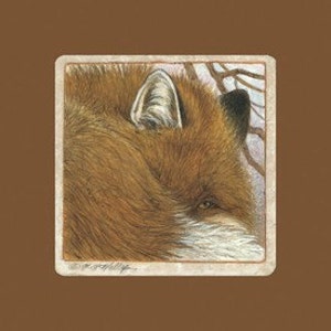 May include: Close-up of a detailed illustration of a fox's head and ear. The fox has reddish-brown fur, a dark eye, and a white-edged ear. The artwork is set against a soft, blurred background with hints of branches and a brown border.