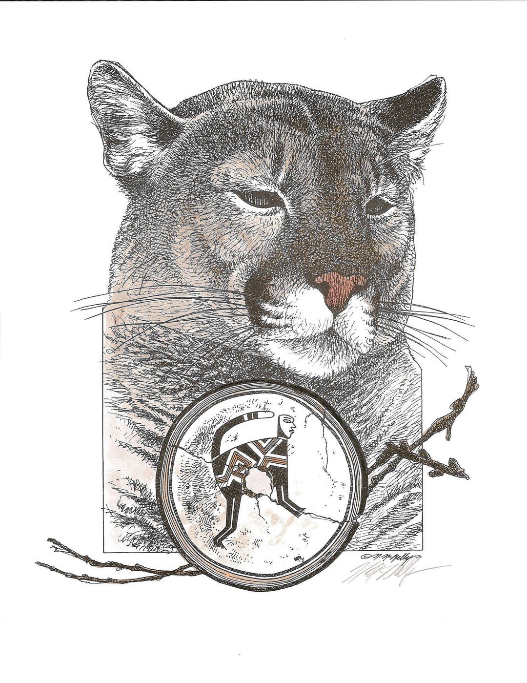 Mountain Lion and Pottery Hand Tinted With Watercolors Signed Print - Etsy