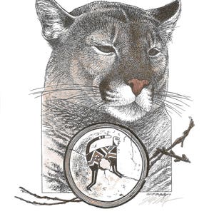 May include: A black and white pen and ink drawing of a mountain lion with a Native American petroglyph of a mountain lion in a circle below it.