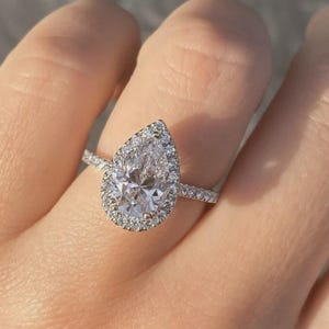 Lab Grown Pear Diamond Halo Engagement Ring - White Gold Bridal Ring