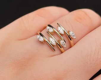 Lab Grown Marquise Diamond Spiral Ring • Gold Wrap Statement Ring • Unique Cocktail Jewelry • Modern Diamond Ring for Women