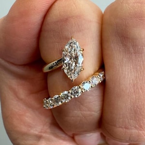 Marquise Diamond Solitaire Ring with Eternity Band • Lab Grown Engagement Ring Set • Gold Stacking Wedding Jewelry