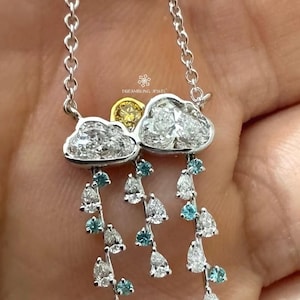 Può includere: Una collana d'argento con due ciondoli a forma di nuvola con pietre bianche. Sotto le nuvole, pietre bianche e blu a forma di pera pendono, imitando gocce di pioggia. La collana è delicata ed elegante, con una catena.