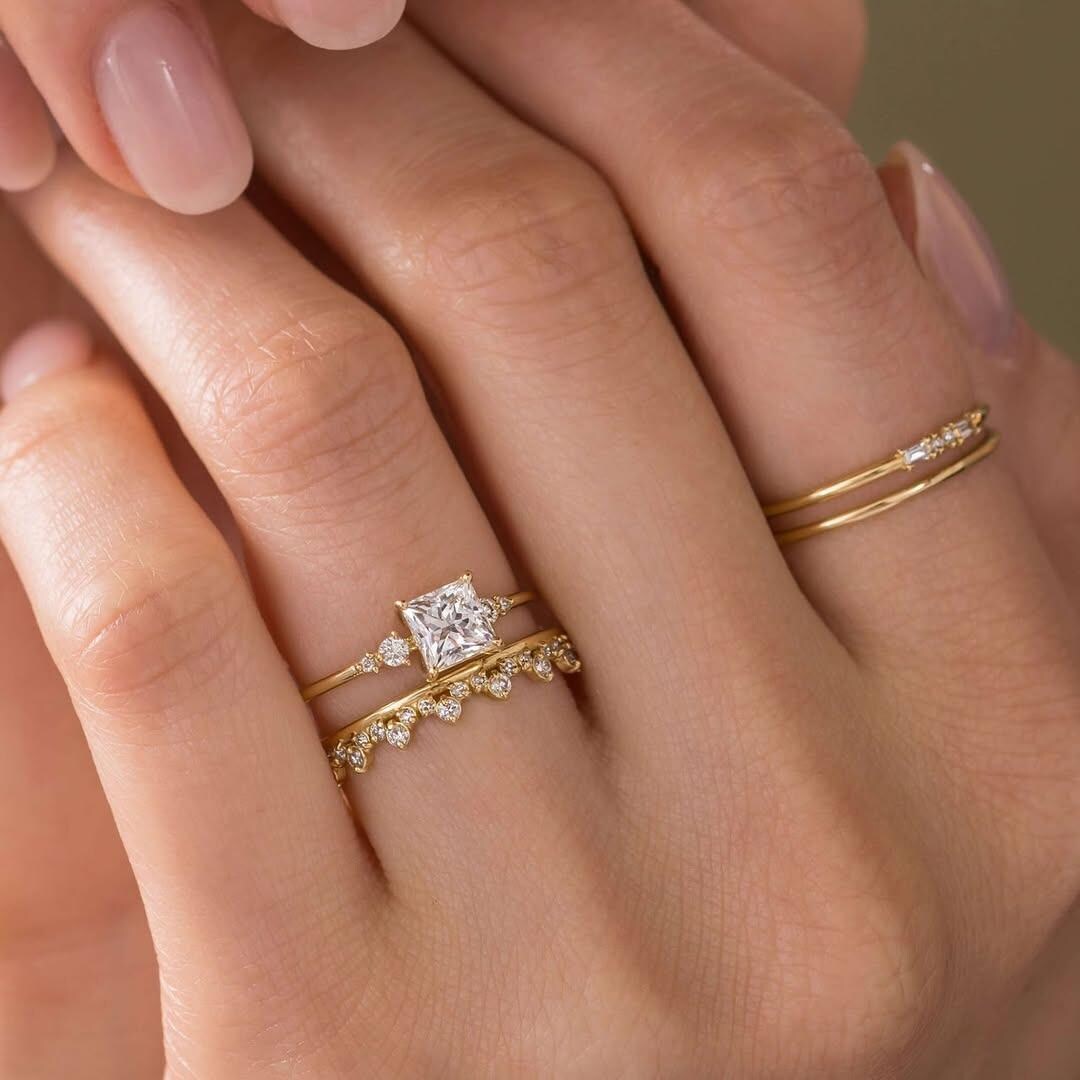 Princess Cut Lab Grown Diamond Engagement Ring • 3 Stone Yellow Gold ...