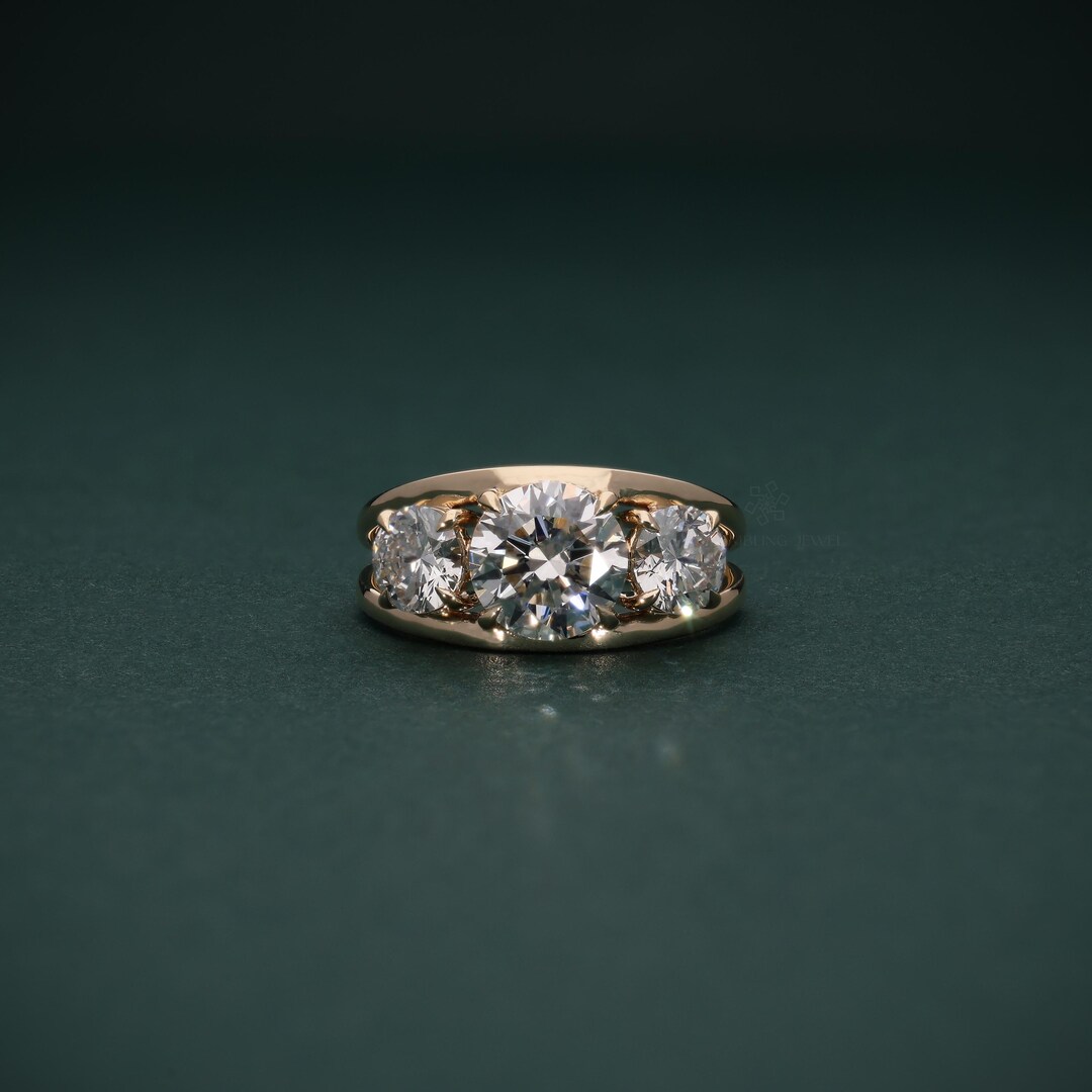 Three Stone Lab Grown Diamond Engagement Ring, Round Cut Trilogy Ring ...