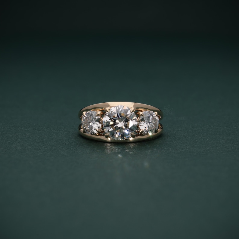 Three Stone Lab Grown Diamond Engagement Ring, Round Cut Trilogy Ring ...