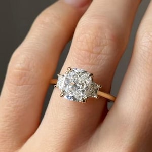 Cushion Cut Lab Grown Diamond Engagement Ring: Yellow Gold Three Stone Bridal Jewelry