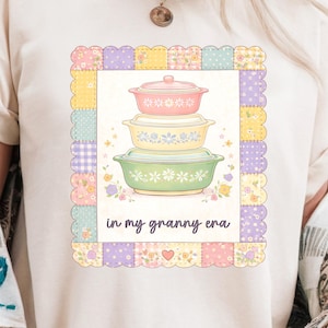 Vintage Grandmacore PNG | "In my granny era" Cottagecore Antique CorningWare Inspired Printable Patchwork Design