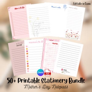 Puede incluir: Un conjunto de paquetes de papelería imprimible, que incluyen listas de tareas y blocs de notas. Los diseños presentan detalles florales y el texto "Mom's To Do", "Mama's notes" y "Mother's Day Notepads". El paquete es editable en Canva y está disponible en PDF.