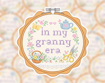 Cross Stitch Grandmacore Sticker | In my Granny Era Decal | Snarky Cross Stitch Cozy Craft Lover Design