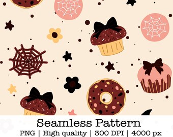 Whimsigoth Halloween Seamless Pattern: Dark Coquette Pastries, Flowers & Stars (Digital Download)