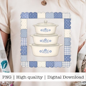 Grandmacore vintage PNG | Motif patchwork imprimable inspiré de CorningWare antique Cottagecore