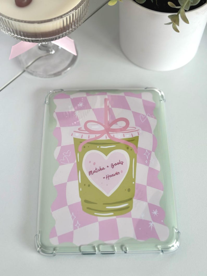 Matcha Kindle Insert | Retro Checkers Pink Kindle Accessories | Gift for Book Lovers image 4