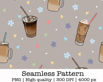 Nahtloses Muster „Eiskaffee“: Digitales Papier mit floralem Herzmotiv, Geschenk für Kaffeeliebhaber (PNG-Download)