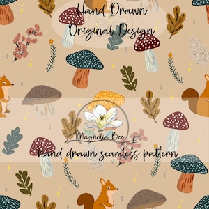 May include: A seamless pattern featuring illustrations of mushrooms, foxes, leaves, and floral elements in shades of brown, orange, and green, with the text "Hand Drawn Original Design" and "hand drawn seamless pattern".