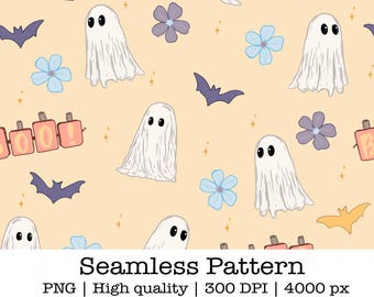 Pastel Halloween Seamless Pattern | Spooky Cute Cutecore Ghosts, Bats (Digital Download