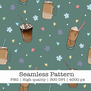 Iced Coffee Seamless Pattern: Floral Heart Coquette Digital Paper (PNG Download)