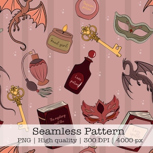 Romantasy Reading Seamless Pattern | Fantasy Masquerade Masks, Books, Dragons & Potions (PNG Download)