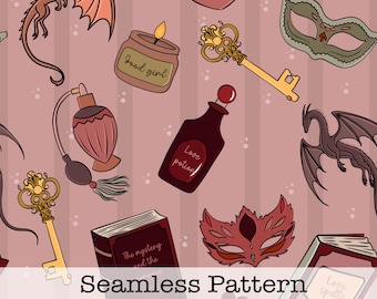 Romantasy Reading Seamless Pattern | Fantasy Masquerade Masks, Books, Dragons & Potions (PNG Download)