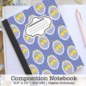 Periwinkle Lemon Composition Notebook Cover | Front & Back Spring Coquette PNG, Printable Notebook Cover, Digital Design, Trendy PNG
