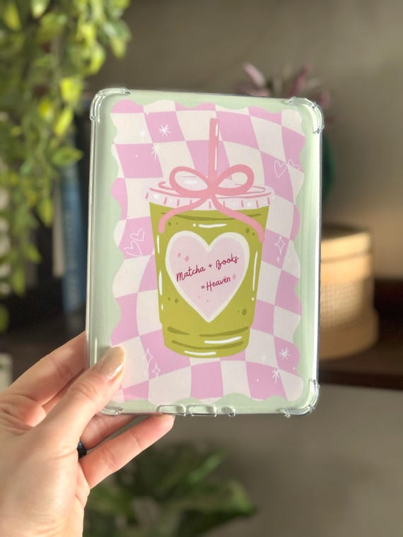 Matcha Kindle Insert | Retro Checkers Pink Kindle Accessories | Gift for Book Lovers