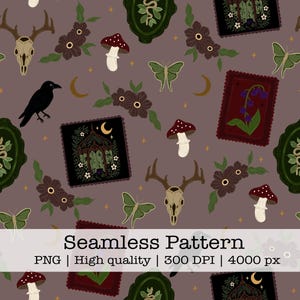 May include: A seamless pattern featuring illustrations of red-capped mushrooms, deer skulls, black crows, green moths, dark flowers, and framed botanical art on a mauve background. Text reads: Seamless Pattern PNG | High quality | 300 DPI | 4000 px.